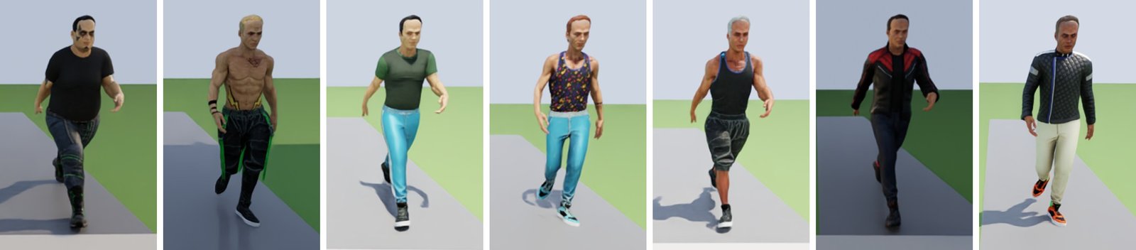 Seven men in varied clothes and builds walking toward the camera.